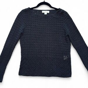 Black cotton-linen blend crochet sweater with silver accents